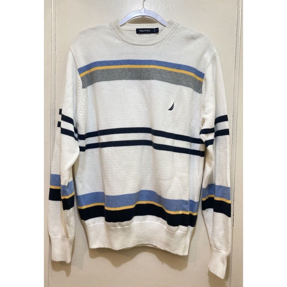 Nautica Mens Crewneck Sweater Size Small Y2K 90s 80s White Striped Long Sleeve